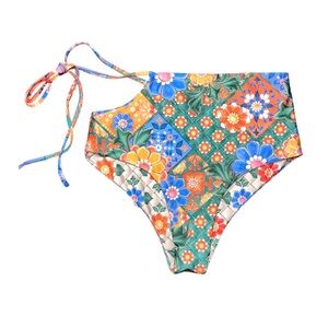 Agua Bandita High Waist Reversible Tie Bikini Bottoms Floral Blue NWT Small